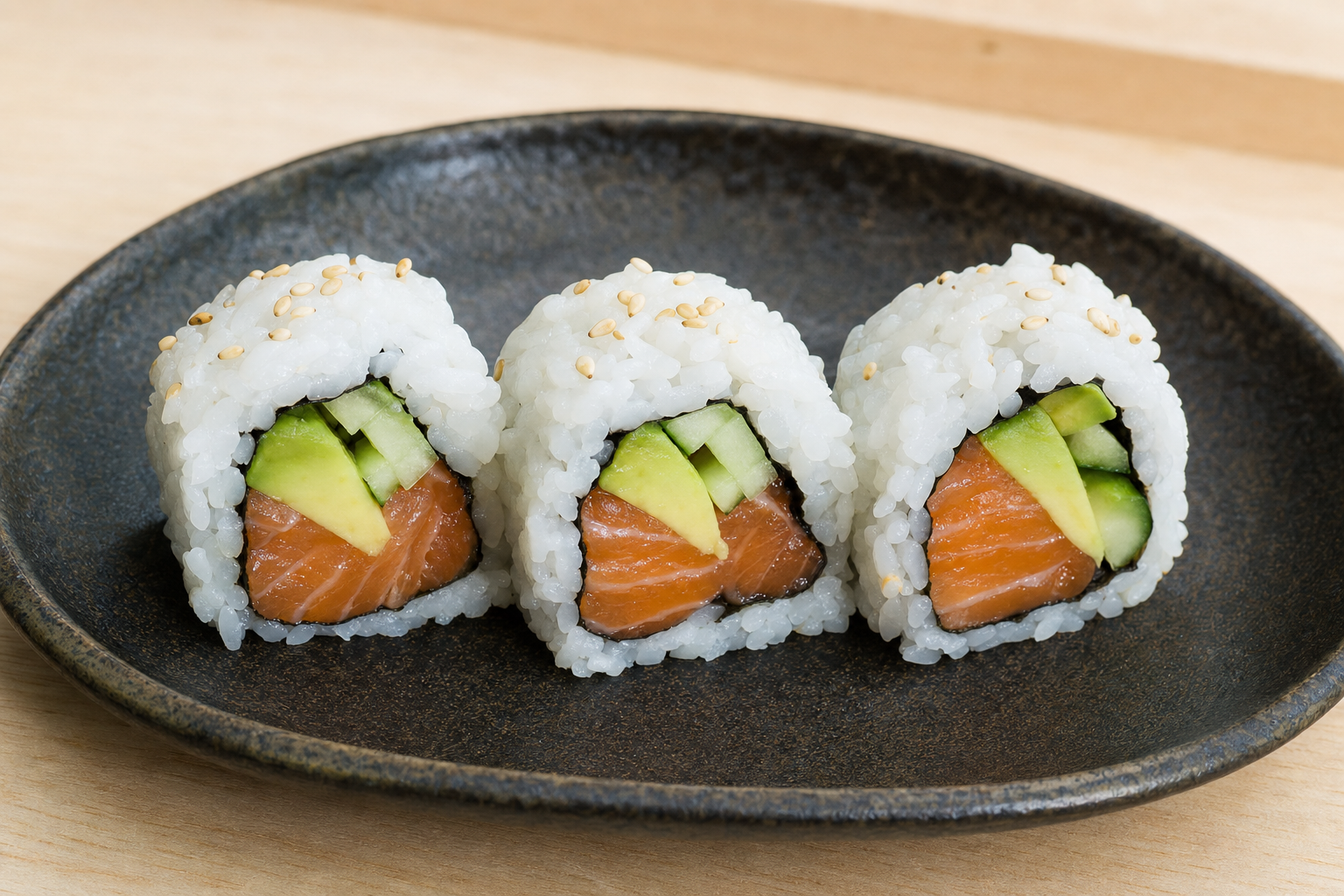 Inside-out sushi rolls with salmon, avocado, and cucumber