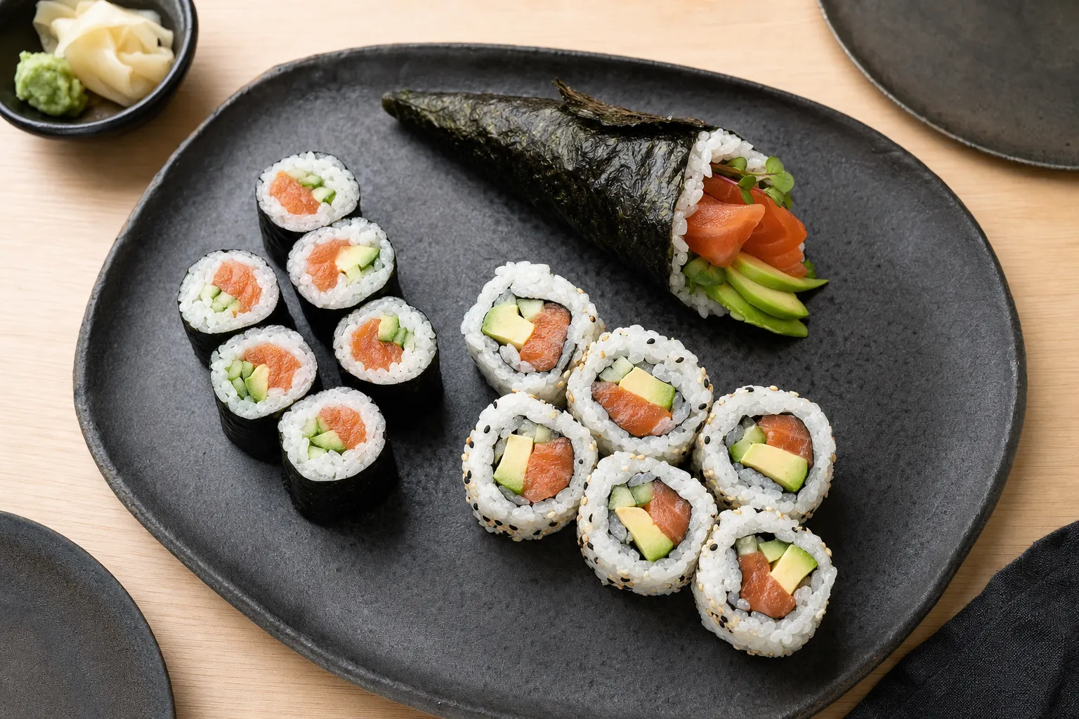 Assortment of sushi rolls and a hand roll on a dark plate